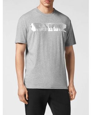 Philipp Plein Cotton Crew Neck T-Shirt With Contrast Laminated Logo - Grey