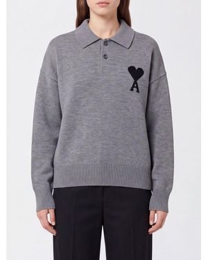Ami Paris Long-Sleeved Knit Cotton Polo With Ami De Coeur Monogram Logo - Grey