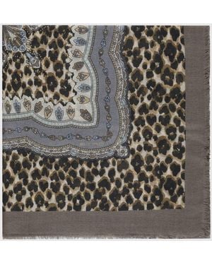 Etro Animal Print Wool, Cashmere And Silk Blend Scarf With Fringes - Black