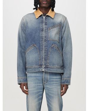 McQueen Washed Ddenim Jacket With Suede Collar - Blue