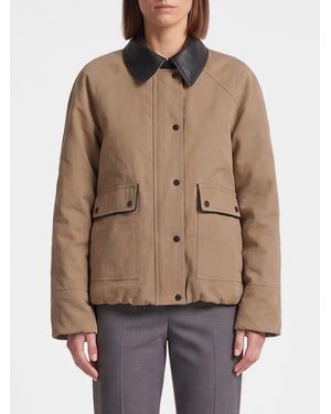 Brunello Cucinelli Lightweight Cotton Jacket With Leather Collar And Patch Pockets - Brown