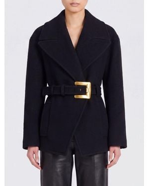 Balmain Belted Short Wool Caban Coat With Lapel Collar - Blue