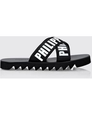 Philipp Plein Polyester Slide Sandals With Contrast Printed Logo - Black