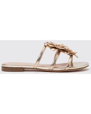 Twinset Laminated Leather Slide Sandals With Flower Appliqué And Low Heel - Metallic