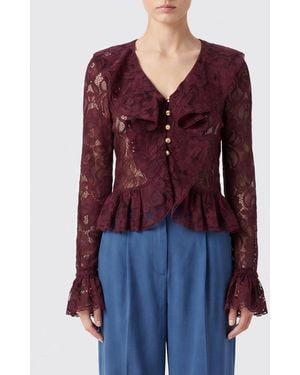 Self-Portrait Langarm-Spitzentop Mit V-Ausschnitt Und Rüschen - Rot