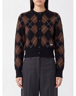 Ami Paris Cardigan À Motif Losanges En Pure Laine Vierge Avec Col Ras Du Cou - Noir