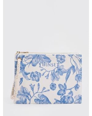 Twinset Cotton Canvas Pouch With Floral Print - Blue