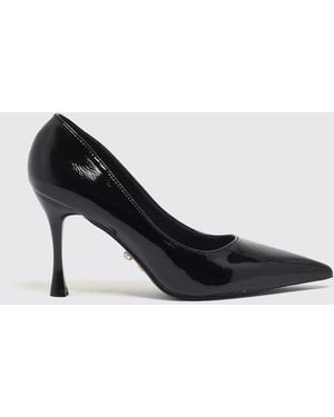 Twentyfourhaitch Patent Faux Leather Stiletto Pumps With Almond Toe - Black