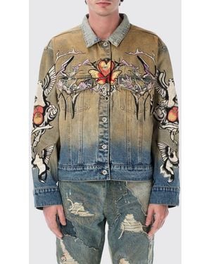 Who Decides War Cropped Graphic Print Jacket With Distressed Effect - Blue