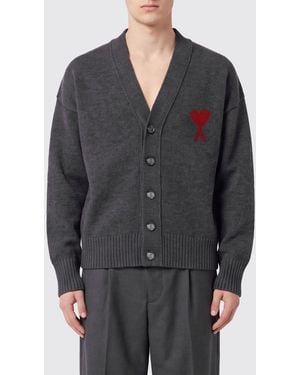Ami Paris V-Neck Pure Wool Cardigan With Contrast Logo - Grey