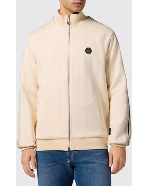 Philipp Plein Cotton Blend Zip Hoodie With Logo - Natural