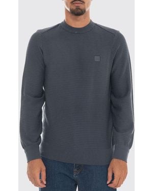 BOSS Cotton And Cashmere Crewneck Sweater With Tone-On-Tone Logo - Blue