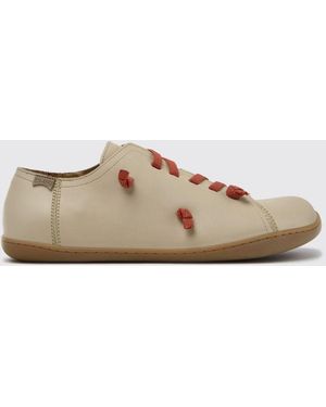 Camper Twins Leather Slip-On Trainers With Embroidery And Elastic Laces - Natural