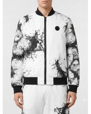 Philipp Plein Splash Abstract Print Technical Fabric Bomber Jacket With Contrast Logo - Gray