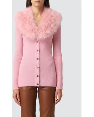 Blumarine Cárdigan Slim Fit De Lana Virgen Con Cuello De Pelo En Contraste - Rosa