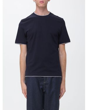 Brunello Cucinelli T-Shirt À Col Rond En Coton Avec Bordures Contrastantes - Bleu