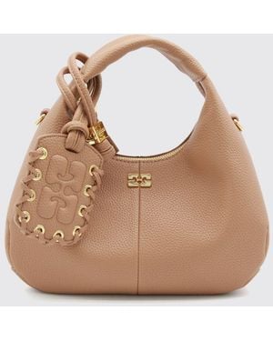 Ganni Recycled Leather Mini Handbag With Butterfly Logo And Removable Strap - Natural