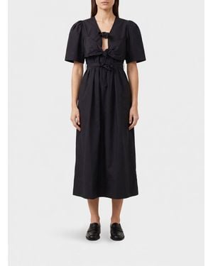 Ganni Stretch Cotton Midi Shirt Dress With Puff Sleeves And V-Neck - Black