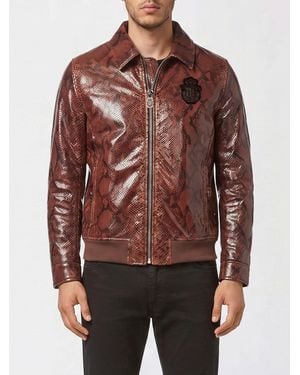 Billionaire Python Leather College Jacket With Crest And Elasticated Hem - Brown