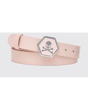 Philipp Plein Smooth Leather Belt With Metal Buckle And Skull Print - Pink