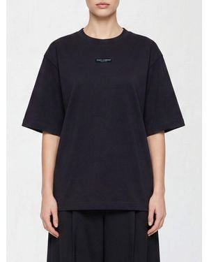 Dolce & Gabbana Dolce &Amp Gabbana Cotton Crewneck T-Shirt With Contrast Logo And Dropped Shoulders - Black