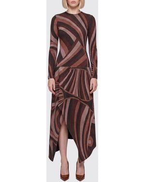 PUCCI Iride Long-Sleeved Asymmetric Abstract Print Lurex Jersey Midi Dress - Red