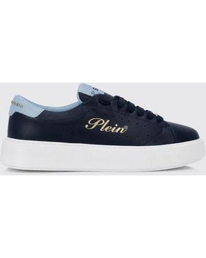 Philipp Plein Leather Low-Top Sneakers With Chunky Sole And Laminated Logo - Blue