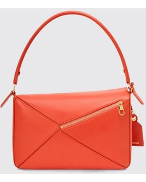 Loewe Featherlight Puzzle Nappa Lambskin Handbag With Tubular Handle - Red