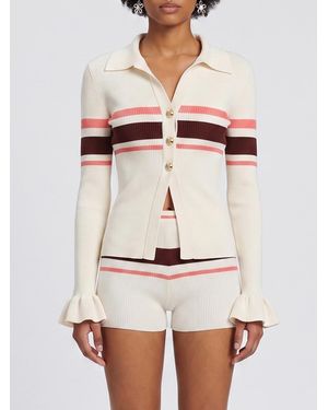 Self-Portrait Cardigan Polo En Maille De Viscose Rayée - Blanc