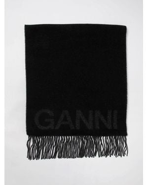 Ganni Recycled Wool Scarf With Logo - Black