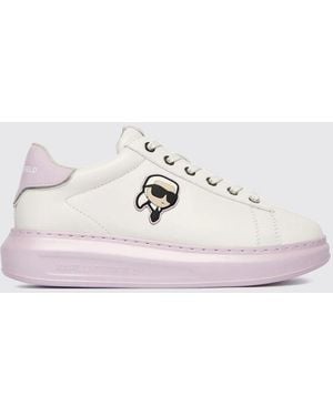 KARL LAGERFELD Graphic Print Calf Leather Low-Top Trainers With Round Toe - White