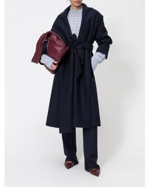 Twinset Long Wool Robe Coat With Shawl Collar And Belt - Blue