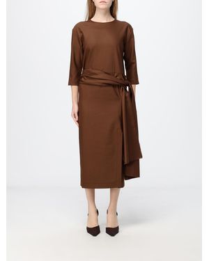 Crida Milano Gertrude Wool Midi Sheath Dress With Long Sleeves And Waist Belt - Brown