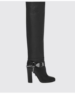Philipp Plein Cuissardes En Cuir Grainé Avec Talon Haut Carré - Noir