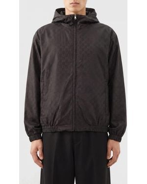 Gucci Gg Monogram Nylon Hooded Windbreaker Jacket - Black