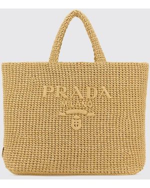 Prada Crochet Raffia Bag With Logo - Natural