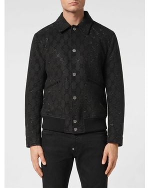 Philipp Plein Rhinestone Monogram Wool Bomber Jacket - Black