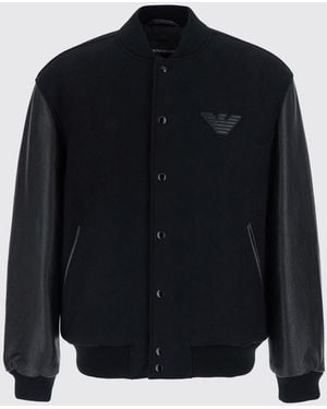 Emporio Armani College-Style Wool And Leather Bomber Jacket With Eagle Logo - Blue