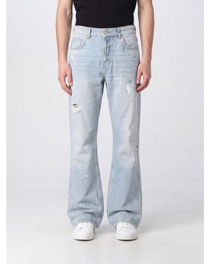 Represent Flared Distressed Cotton Denim Jeans With Abstract Pattern - Blue