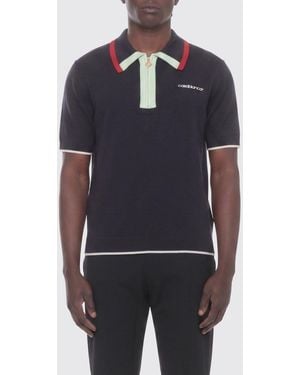 CASABLANCA Slim Fit Zipped Wool Knit Polo Shirt With Contrast Trims - Blue
