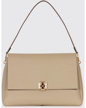 Tory Burch Charlie Large Smooth Leather Shoulder Bag With Double T Logo - Natural