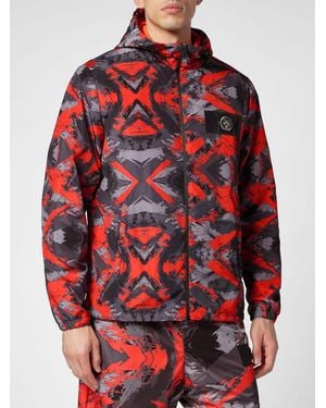 Philipp Plein Polyester Windbreaker Jacket With Hood And Logo Print - Red