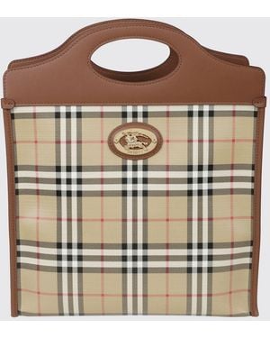 Burberry Coated Cotton Tote Bag With Vintage Check Pattern And Double Leather Handles - Brown