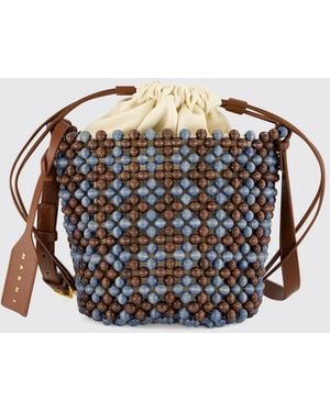 Marni Wooden Bucket Bag With Abstract Embroidery And Drawstring - Blue