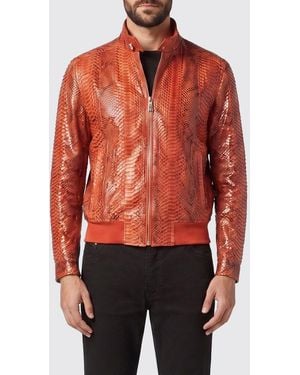 Billionaire Snakeskin Leather Bomber Jacket With High Collar And Zip Closure - Red