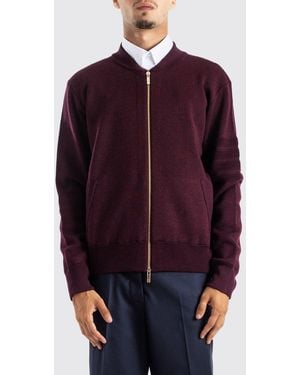 Thom Browne Wool Knit Zip-Up Sweatshirt With Bomber Collar And 4-Bar Motif - Purple