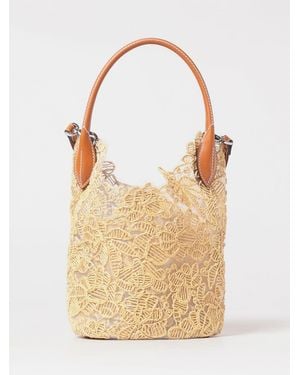 Ermanno Scervino Embroidered Floral Motif Mesh Nylon And Raffia Bag - Natural