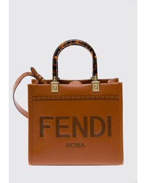 Fendi Kleine Sunshine Shopper-Tasche Aus Kalbsleder Mit Gedrucktem Logo - Braun