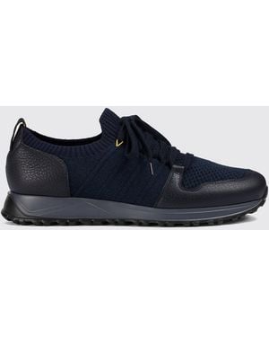 Doucal's Hammered Leather And Wool Knit Sneakers - Blue