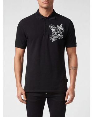 Philipp Plein Short-Sleeve Cotton Polo Shirt With All-Over Monogram Print - Black